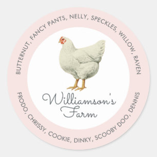 Vintage Farm Hen Chicken Names Egg Carton Pink Classic Round Sticker