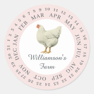 Vintage Farm Hen Encircled Date Egg Carton Pink Classic Round Sticker