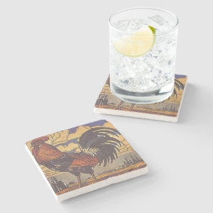 Vintage Farm Rooster Retro Country Illustration Stone Coaster