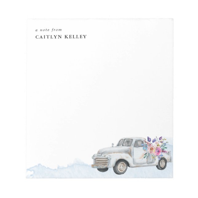 Vintage Farm Truck and Flowers, Blue Personalized Notepad (Front)