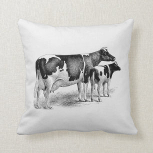 Vintage Farmhouse Cow and Calf Black White Drawing Throw Pillow