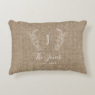 Vintage farmhouse family monogrammed jute accent pillow