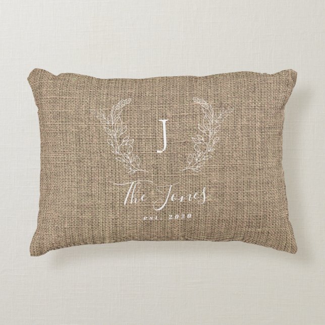 Vintage farmhouse family monogrammed jute accent pillow (Front)