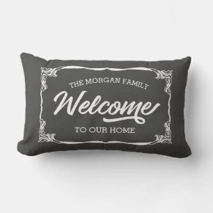 vintage farmhouse family welcome monogram lumbar pillow