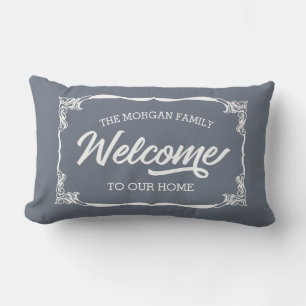 vintage farmhouse family welcome monogram lumbar pillow
