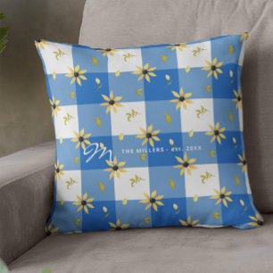 Vintage farmhouse floral blue buffalo check throw  pillow