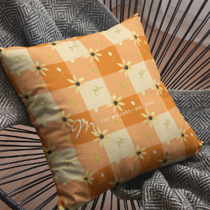 Vintage farmhouse floral orange buffalo check throw pillow
