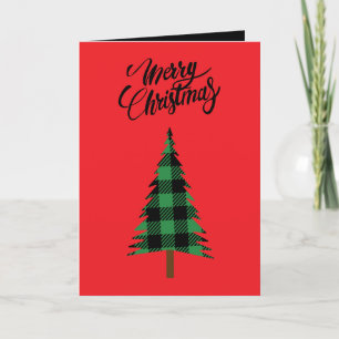 Vintage Farmhouse Green Black Buffalo Check Tree   Holiday Card