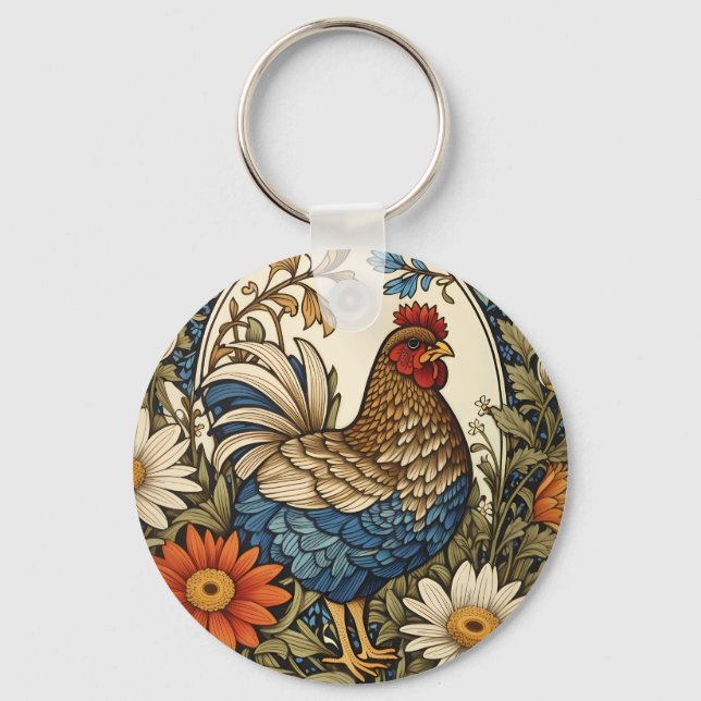 Vintage Farmhouse Hen and Daisy Flowers Keychain (Front)