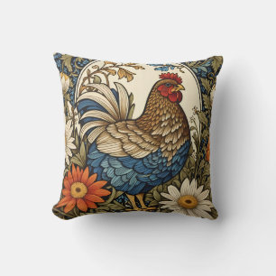 Vintage Farmhouse Hen and Daisy Flowers Throw Pillow