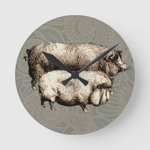 Vintage Farmhouse Pig Country Antique Livestock Round Clock