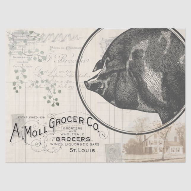 Vintage Farmhouse Pig Grocery Decoupage Paper (Front)