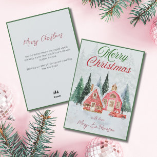 Vintage Farmhouse Pink Truck Village Script Holiday Card