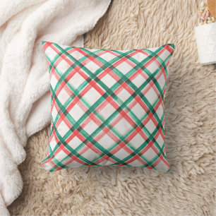 Vintage Farmhouse Plaid Red Green Watercolor Throw Pillow