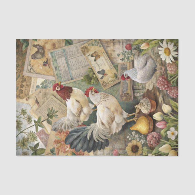 Vintage Farmhouse Rooster and Chicken Collage Tissue Paper (Front)