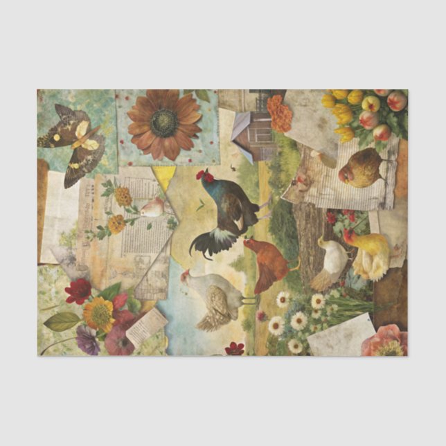 Vintage Farmhouse Rooster and Chicken Decoupage Tissue Paper (Front)