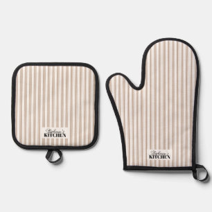 Vintage Farmhouse Ticking Stripe Mushroom Brown Oven Mitt & Pot Holder Set