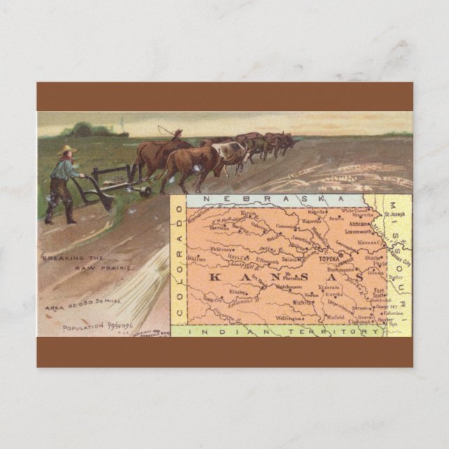 Vintage Farming in Kansas and Map Postcard (Front)