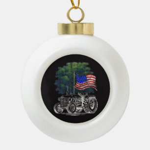 Vintage Farming Tractor American Flag Patriotic Fa Ceramic Ball Christmas Ornament