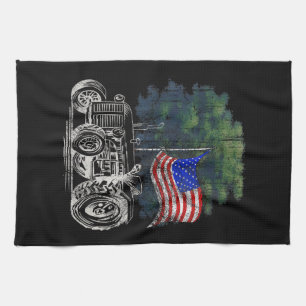 Vintage Farming Tractor American Flag Patriotic Fa Kitchen Towel