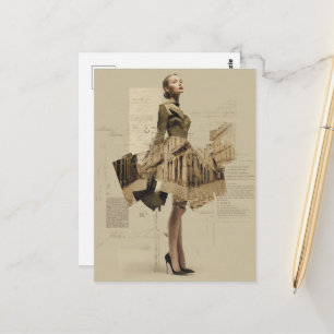 Vintage Fashion and Architecture Collage Postcard