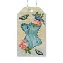 Vintage fashion bird, flower & butterfly gift tag