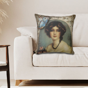 vintage fashion floral butterfly victorian woman throw pillow