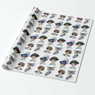 Vintage Fashion Girls in Edwardian Hats Wrapping Paper