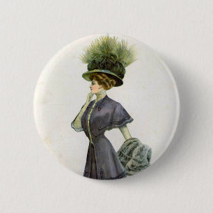 Vintage Fashion Illustration Lady Botanical Hat 2 Inch Round Button