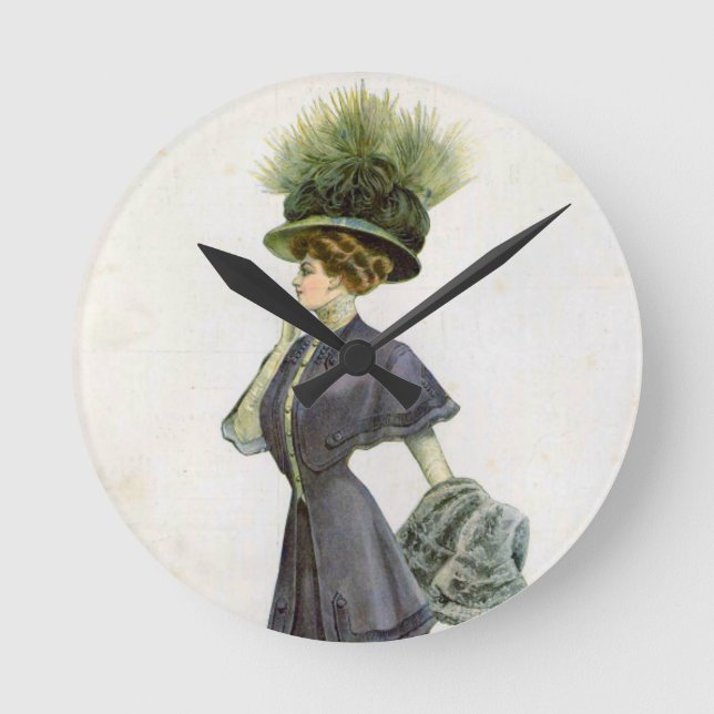  Vintage Fashion Illustration Lady Botanical Hat   Round Clock (Front)