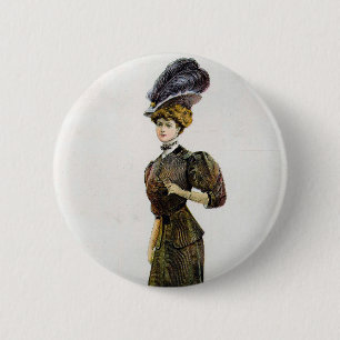 Vintage Fashion Illustration Lady Feather Boa Hat 2 Inch Round Button