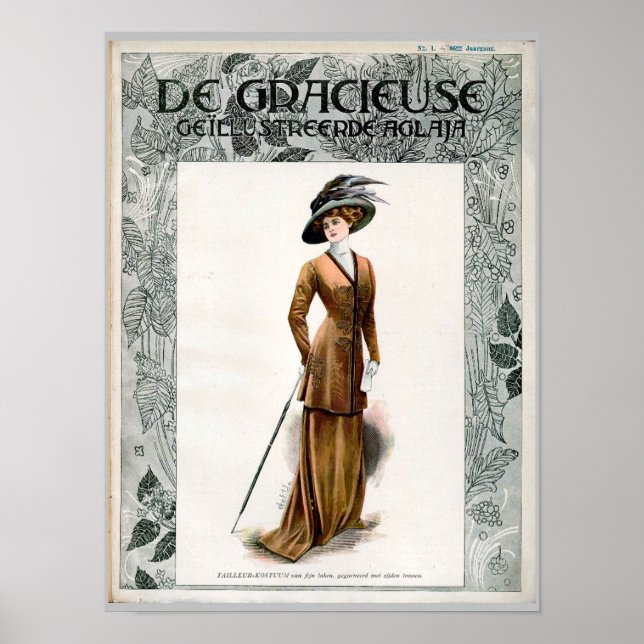 Vintage Fashion Illustration Lady In Feather Hat Poster (Front)