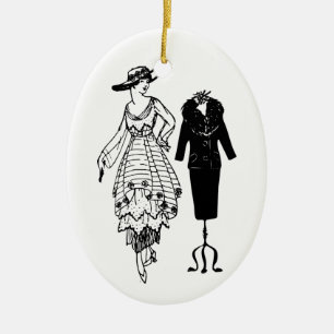 Vintage Fashion Woman's Black Dress and Mannequin Ceramic Ornament