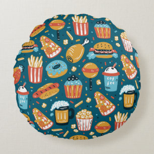 vintage Fast Food Icons Seamless Pattern. Repeat C Round Pillow