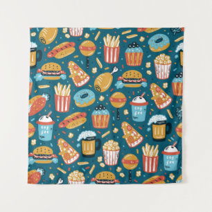 vintage Fast Food Icons Seamless Pattern. Repeat C Tapestry