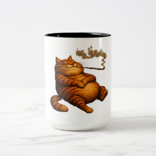 Vintage Fat Orange Cat Smoking Pipe Cozy Art Two-Tone Coffee Mug