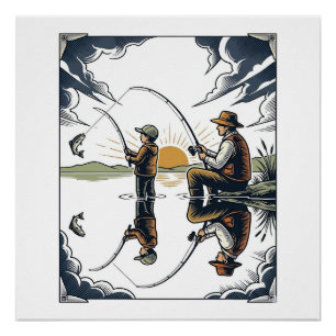 Vintage Father and Child Fishing Engraving Shirt D Poster