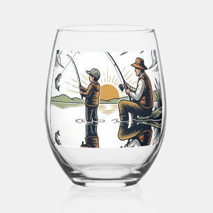 Vintage Father and Child Fishing Engraving Shirt D Stemless Wine Glass