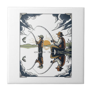 Vintage Father and Child Fishing Engraving Shirt D Tile
