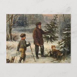 Vintage - Father and Son Picking Christmas Tree Holiday Postcard