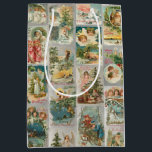 Vintage Father Christmas, Angels & Winter Collage Medium Gift Bag<br><div class="desc">Festive Christmas collage featuring Victorian cards from a series published in 1908 featuring Santa,  angels,  happy children,  pine forests,  quaint village churches and rustic snowy winter scenes on silver background.</div>