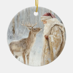 Vintage Father Christmas Deer Ceramic Ornament