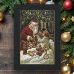 Vintage Father Christmas Giving Gifts to Child Holiday Card<br><div class="desc">Elegant and timeless traditional Christmas art featuring smiling red-robed Santa giving gifts to a child in bed with stockings hanging nearby and mistletoe overhead. Art is embellished with gold highlights and background colour is editable. Back features unique custom complementary graphics with editable text fields.</div>