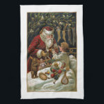 Vintage Father Christmas Giving Gifts to Child Kitchen Towel<br><div class="desc">Elegant and timeless traditional Christmas art featuring smiling red-robed Santa giving gifts to a child in bed with stockings hanging nearby and mistletoe overhead. Art is embellished with gold highlights and background colour is editable.</div>