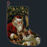 Vintage Father Christmas Giving Gifts to Child Small Christmas Stocking<br><div class="desc">Elegant and timeless traditional Christmas art featuring smiling red-robed Santa giving gifts to a child in bed with stockings hanging nearby and mistletoe overhead. Art is embellished with gold highlights.</div>