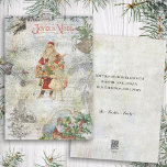 Vintage Father Christmas in Snow Collage Holiday Card<br><div class="desc">Festive seasonal collage of colourful vintage ephemera featuring old world Father Christmas in red robes and gifts with little girl,  engraved holly border and Joyeux Noel text,  brass bell and mistletoe,  pine and winter landscape with snowflakes and distressed background.</div>