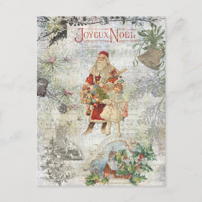 Vintage Father Christmas in Snow Collage Holiday Postcard (Front)