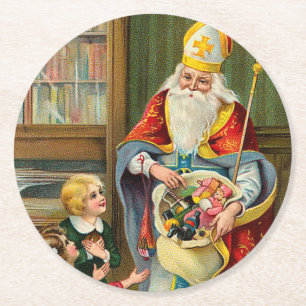 Vintage Father Christmas Round Paper Coaster
