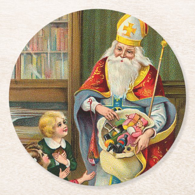 Vintage Father Christmas Round Paper Coaster (Front)