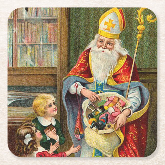 Vintage Father Christmas Square Paper Coaster (Front)